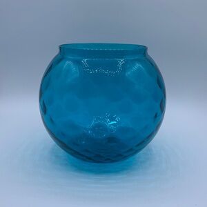 Vintage Large MCM Dimpled Blue Glass Vase Bohemian Bowl